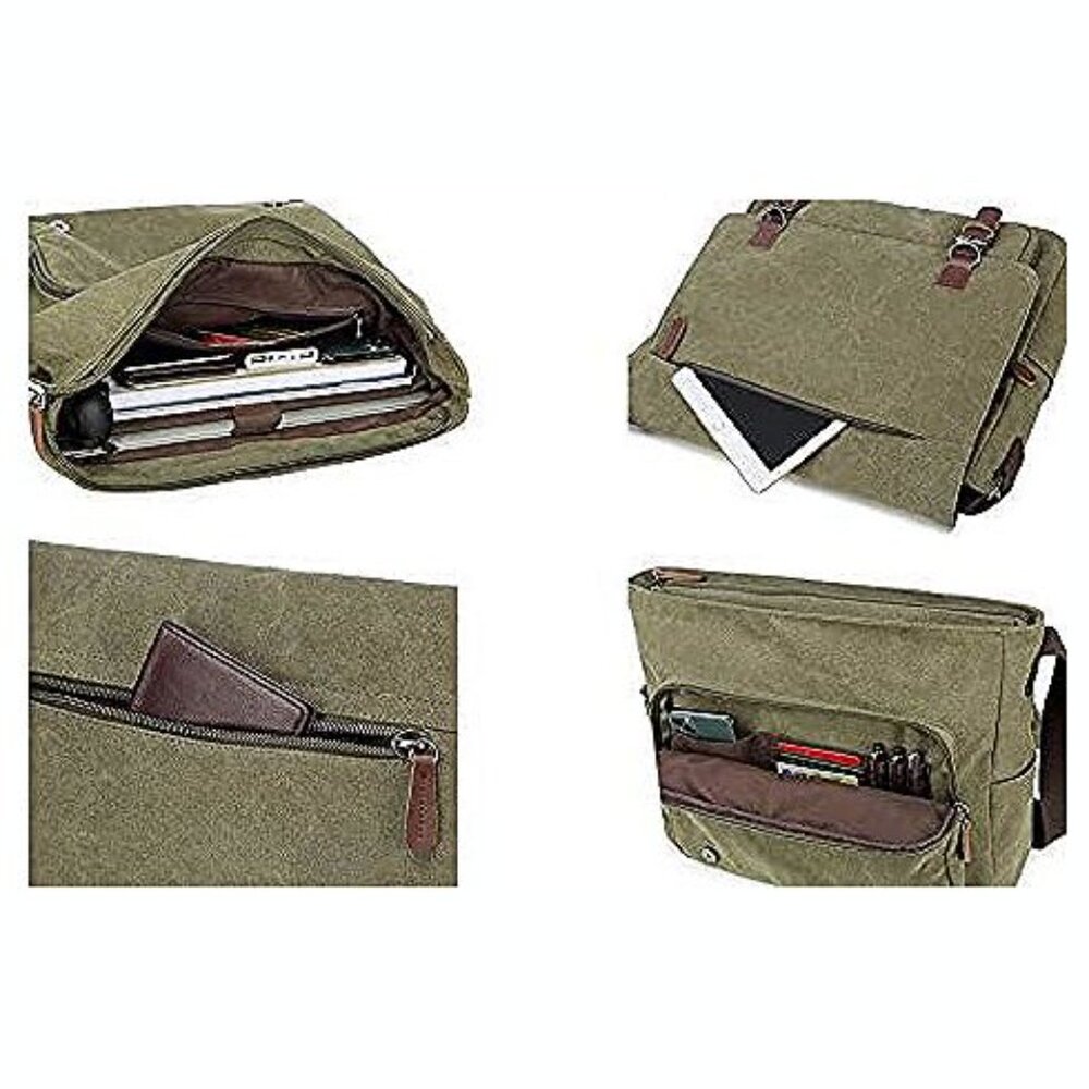 Messenger Bag for Men Retro, Canvas Satchel casual Briefcases Green15 - Picture 5 of 9